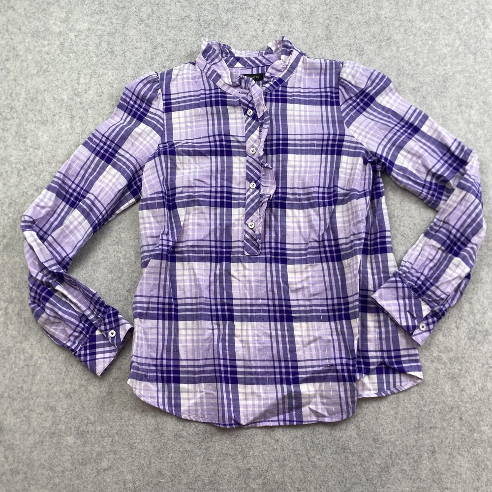Talbots Blouse Womens Small Purple Plaid Ruffle Henley Long Sleeve Cotton Top